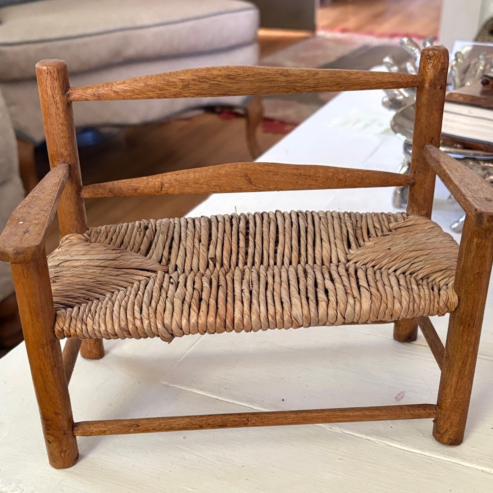 Handcrafted Vintage Mini Woven Seat Wooden Bench - Natural Brown